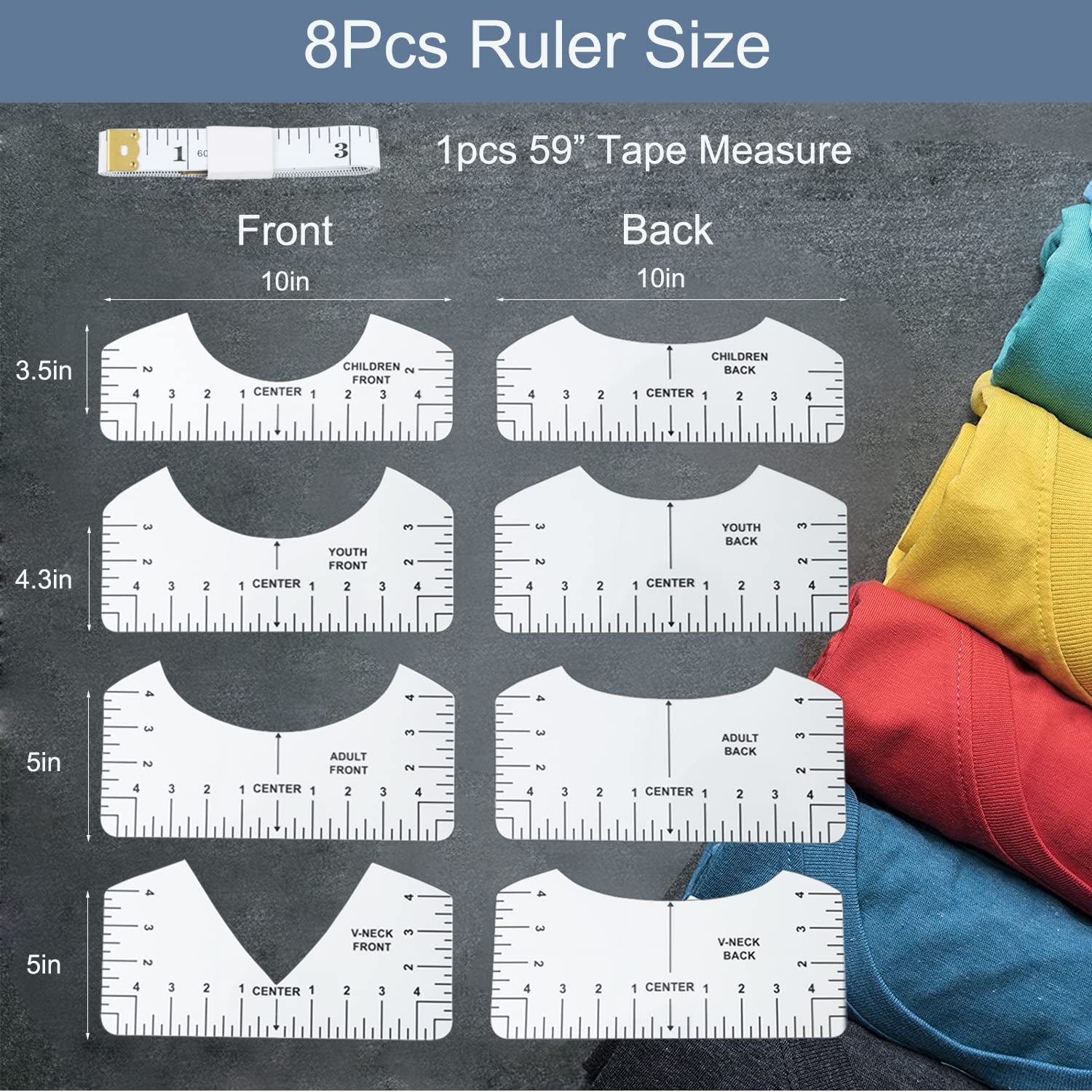 9Pcs Tshirt-Ruler Guide to Center Vinyl, Transparent V-Neck/Round PVC Ruler for Alignment, Heat Press, Children Youth Adult, Front and Back Measurement (10In)