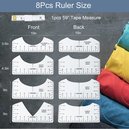 9Pcs Tshirt-Ruler Guide to Center Vinyl, Transparent V-Neck/Round PVC Ruler for Alignment, Heat Press, Children Youth Adult, Front and Back Measurement (10In)