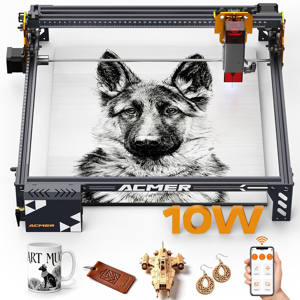 Laser Engraver Machine, P1 S Pro 10W(10000Mw) Cutting Machine 380X370Mm Large Area, Wifi Control, Engraves Wood Acrylic Leather Glass Metal for DIY, Crafts & for Small Business