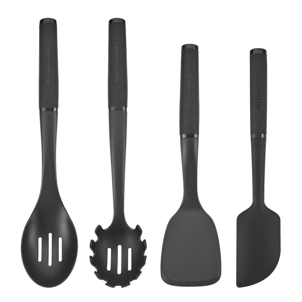 4-Piece Plastic Kitchen Utensil Set Includes Spoon, Turner, Pasta Fork, and Spatula