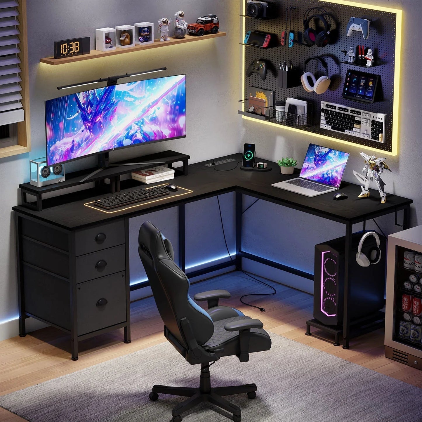 L Shaped Computer Desk, Reversible Gaming Desk with Drawers, Corner Desk with Storage Shelves & Monitor Stand, Home Office Desk Workstation, Black