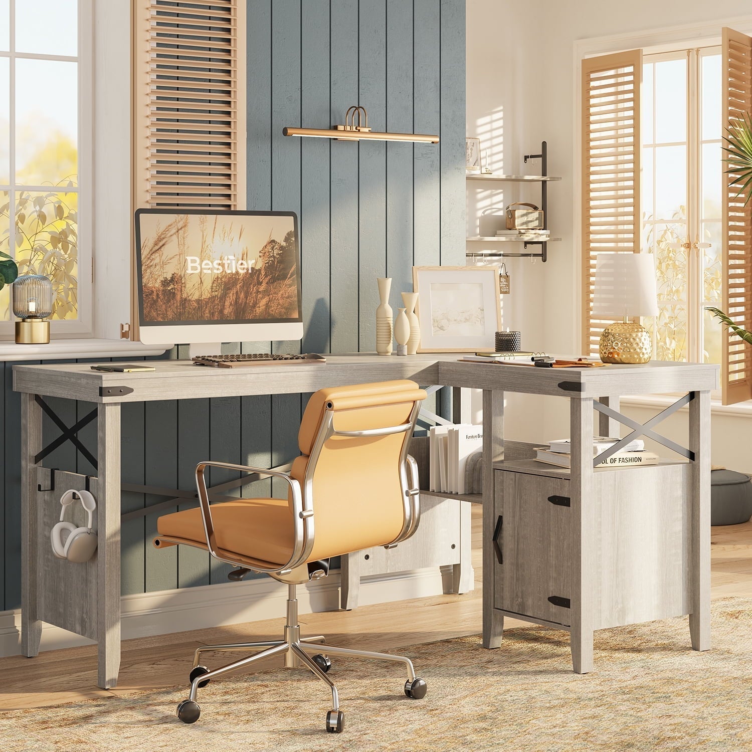 Farmhouse Desk 60" L-Shaped Computer Desk with Cabinet for Home Office , Wash White