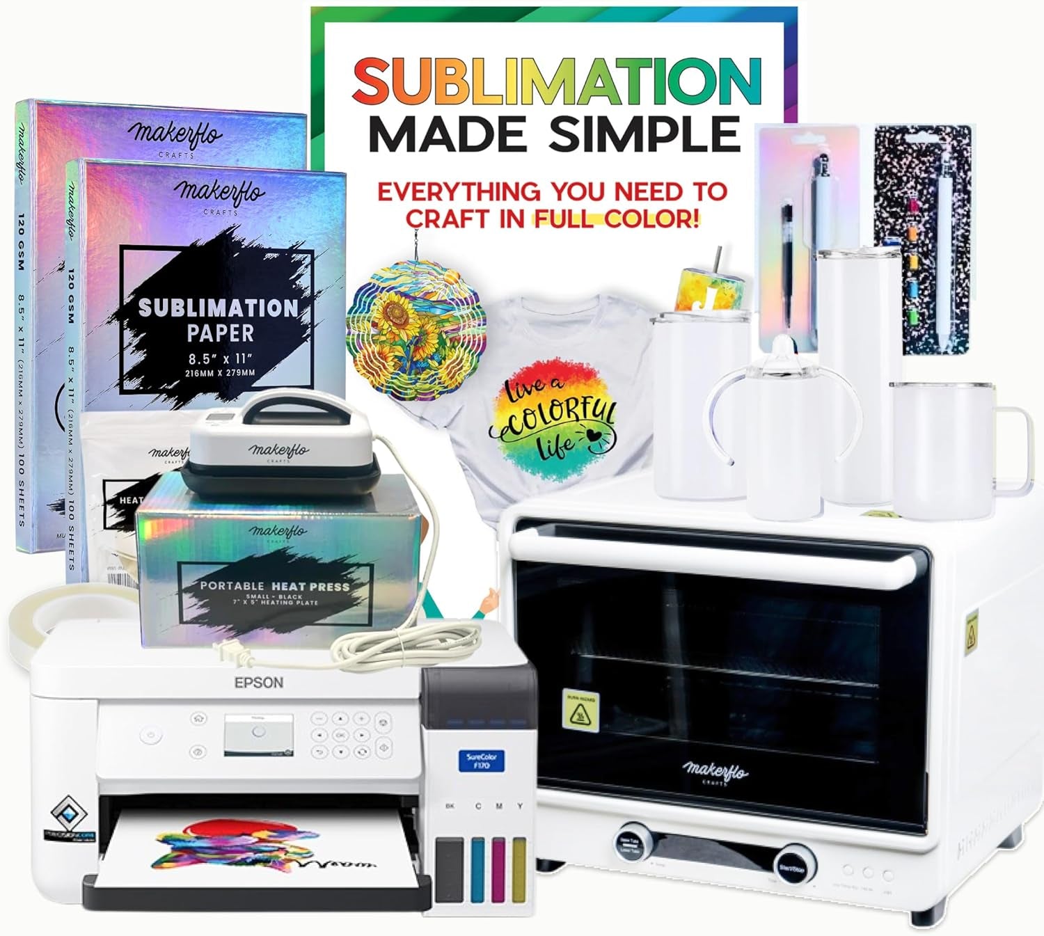 Makerflo X Jennifermaker Epson F170 Sublimation Ultimate Kit – Printer Bundle with Sublimation Made Simple Ebook, Sublimation Oven, Heat Press, Paper, Tape, Tumblers – Just a Cooler Modern Touch