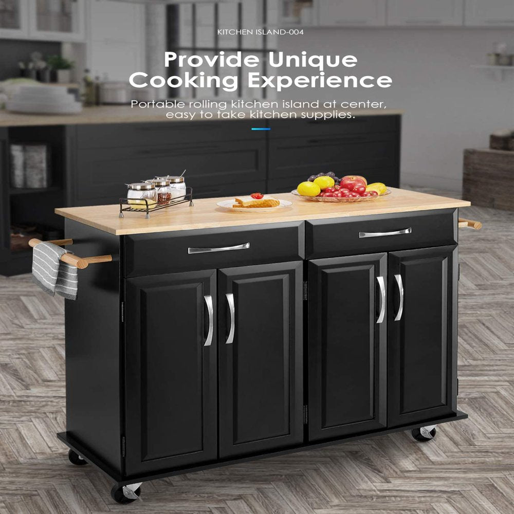 Kitchen Island on Wheels, Rolling Island Cart with Lockable Casters, Handle Towel Rack and 2 Drawers, Black