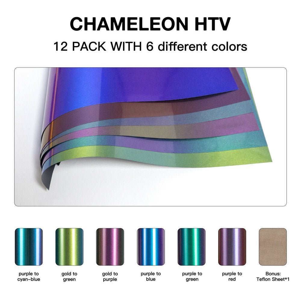 12 Sheets 12" X 12" PU Chameleon HTV Heat Transfer Vinyl Bundles Iron on for T-Shirts, Clothing and Textiles, Easy Transfers