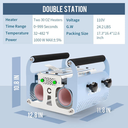 PYD Life 2 in 1 Double Station 30 OZ Tumbler Heat Press 110 V Light Blue Sublimaiton Machine for 16 OZ 20 OZ 30 OZ Sublimation Straight Tumblers Mugs Cups Bottles Bulk Print