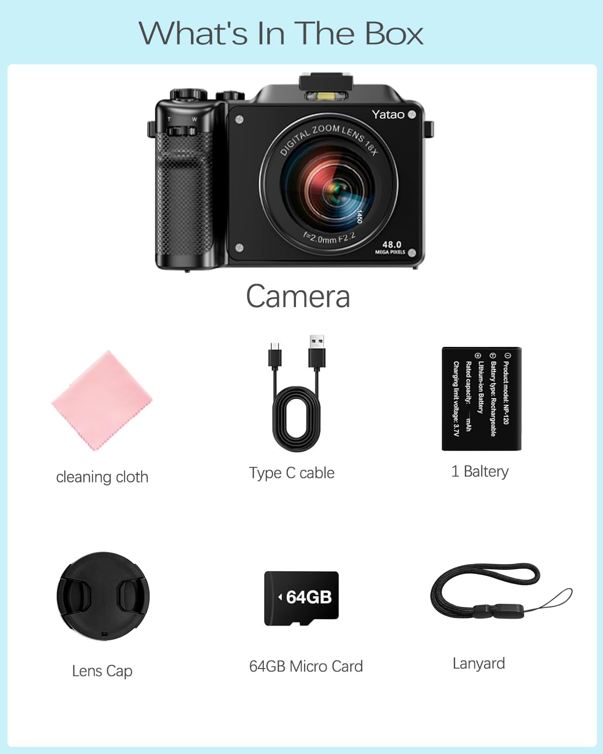 Yatao Digital Camera with WiFi, 4K 64MP Photography Camera Kit for YouTube, Front and Rear Dual Camera for Convenient Selfie, Equipped with 64GB Micro Card, Wide & Macro Lens, Card Reader