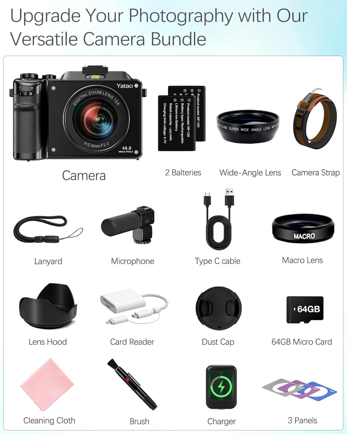 Yatao Digital Camera with WiFi, 4K 64MP Photography Camera Kit for YouTube, Front and Rear Dual Camera for Convenient Selfie, Equipped with 64GB Micro Card, Wide & Macro Lens, Card Reader