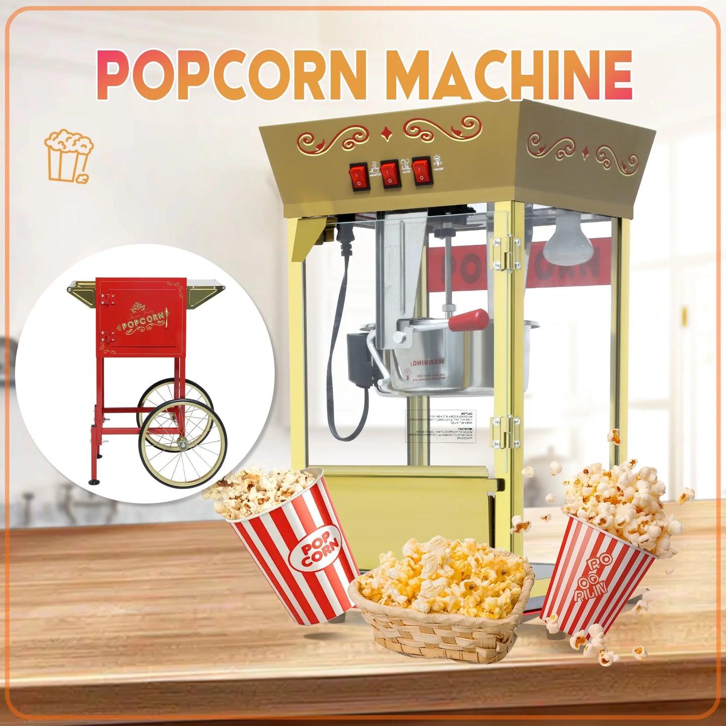 12OZ Popcorn Machine with Cart,  Movie Theater Popcorn Maker Machine with Stainless Steel Kettle, Tempered Glass, 8" Shelf, Popcorn Machine for Kids Party Home, Red