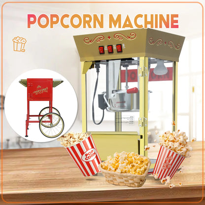 12OZ Popcorn Machine with Cart,  Movie Theater Popcorn Maker Machine with Stainless Steel Kettle, Tempered Glass, 8" Shelf, Popcorn Machine for Kids Party Home, Red