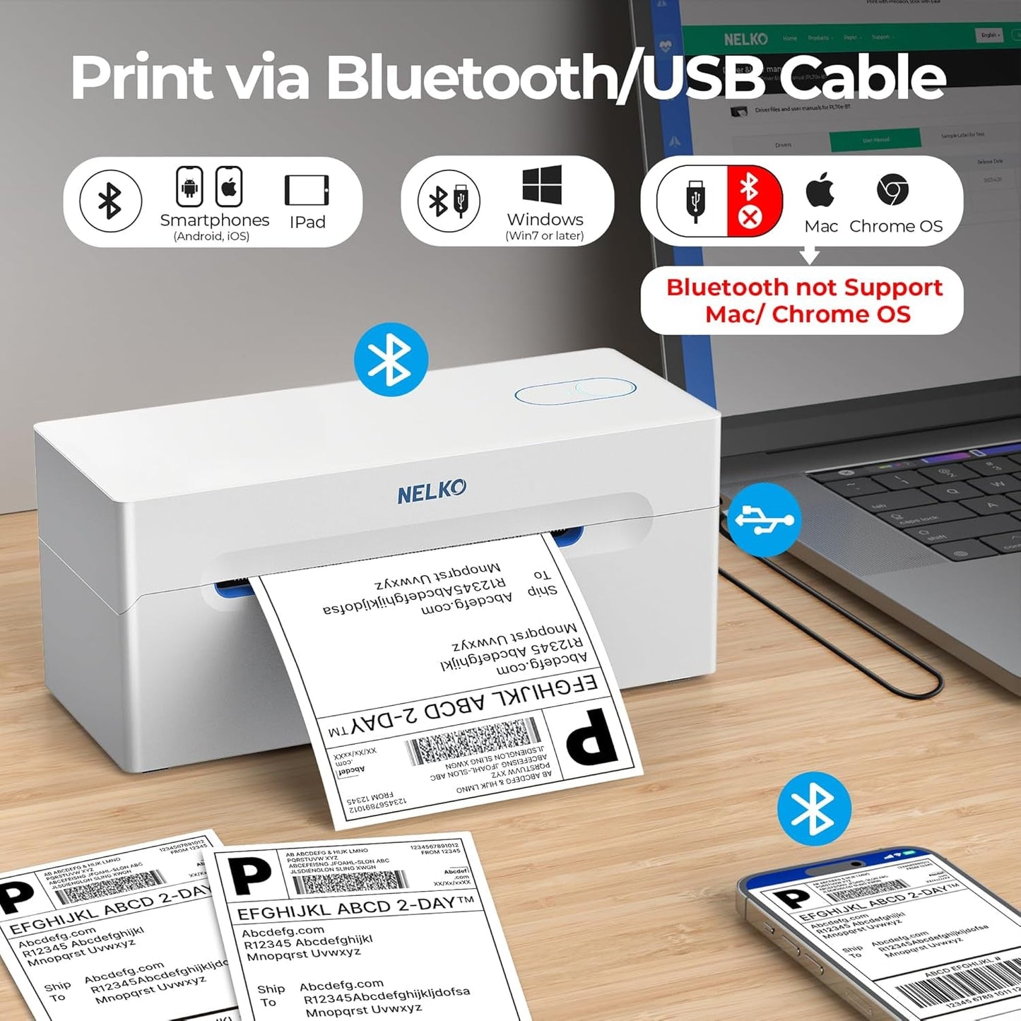 Nelko Bluetooth Thermal Shipping Label Printer, Wireless 4X6 Shipping Label Printer for Small Business, Support Android, Iphone and Windows, Widely Used for Amazon, Ebay, Shopify, Etsy(White)
