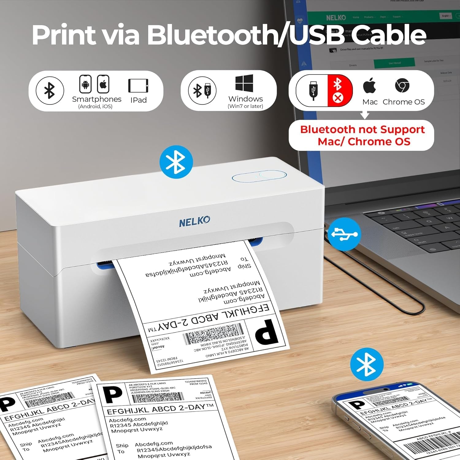 Nelko Bluetooth Thermal Shipping Label Printer, Wireless 4X6 Shipping Label Printer for Small Business, Support Android, Iphone and Windows, Widely Used for Amazon, Ebay, Shopify, Etsy(White)