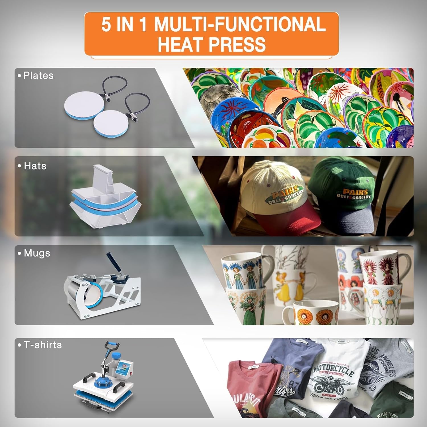 HORGELU 5 in 1 Heat Press Machine 12X15 Inch Heat Transfer Machine 360-Degree Swing Away Multifunction Digital Sublimation Combo Heat Press for T Shirt Mug Hat Plate for Commercial Home 110V