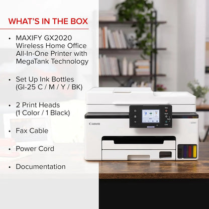 Canon MAXIFY GX2020 Wireless Megatank All-In-One Color Printer Bundle | Print Copy Scan Fax | for Home Office Small Business High Volume Documents + Cleaning Kit + Ethernet Cable + More (8 Items)