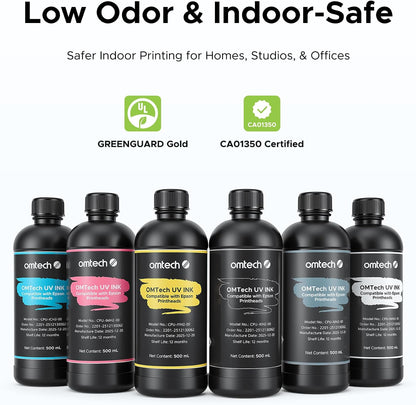 Omtech 500Ml UV Printer Ink Set, 6 Colors CMYK + White + Varnish, Low Odor UV Curable Ink, Compatible with F1080 I1600 XP600 I3200 L1800 L800 R1390 L1300 DX7, for Acrylic Glass Metal