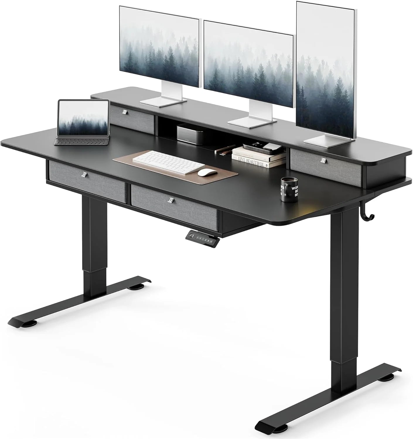 63 X 24 Inch Height Adjustable Electric Standing Desk with Drawers, Stand up Table with Large Storage Shelf, Sit Stand Desk for Home Office, Black