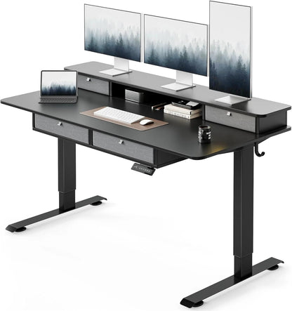 63 X 24 Inch Height Adjustable Electric Standing Desk with Drawers, Stand up Table with Large Storage Shelf, Sit Stand Desk for Home Office, Black