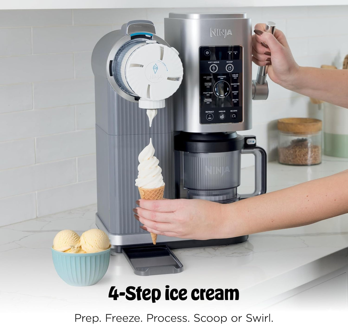 Ninja Creami Scoop & Swirl Ice Cream Maker, Soft Serve Desserts, Sorbet, Milkshakes, Frozen Yogurt and More, 13-In-1 Programs, Includes Handle and Two 16 Oz 2-In-1 Pints, NC701