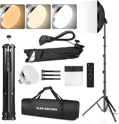 SLOW DOLPHIN Photography Studio Softbox Lighting Kit with 16"X16" Softbox and 3 Colors Temperature 85W LED Bulb with Remote,Professional Photo Studio Equipment for Portrait,Video YouTube (1PACK)