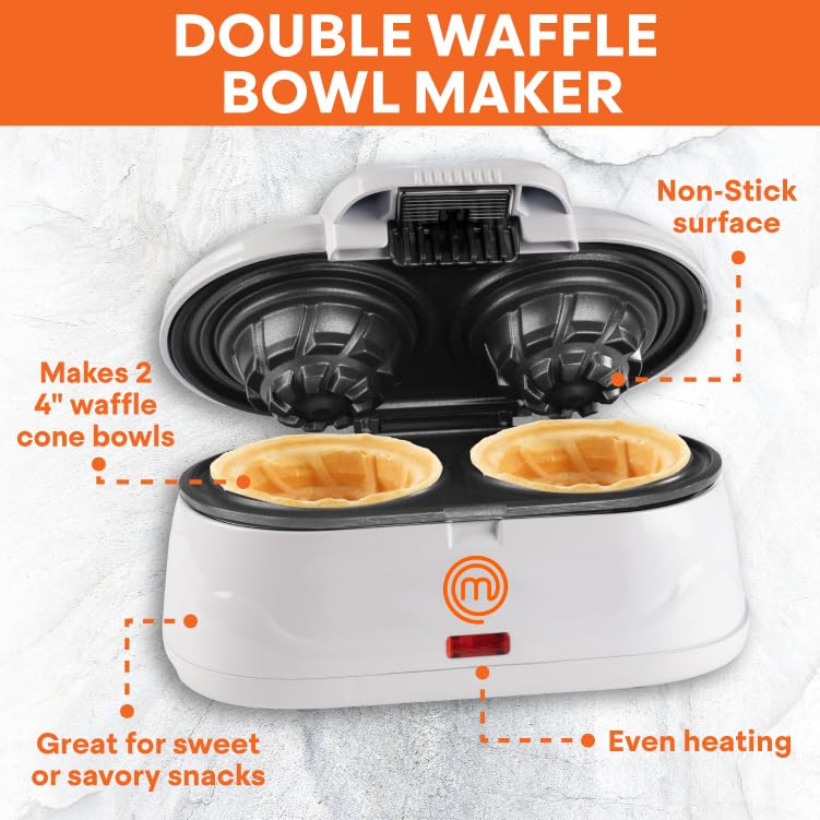 MasterChef Double Waffle Cone Bowl Maker- Makes Two 4" Bowls at Once! - Non-Stick, Easy To Clean, Even Heating- Perfect Homemade Ice Cream Sundaes, Fruits, & Custards-Fun Dessert Party