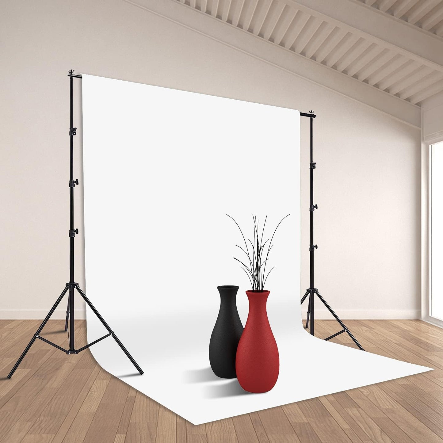 Photo Background Support System with 8.5 x 10ft Backdrop Stand Kit, 100% White Cotton Muslin Backdrop,Clamp, Carry Bag for Photography Video Studio