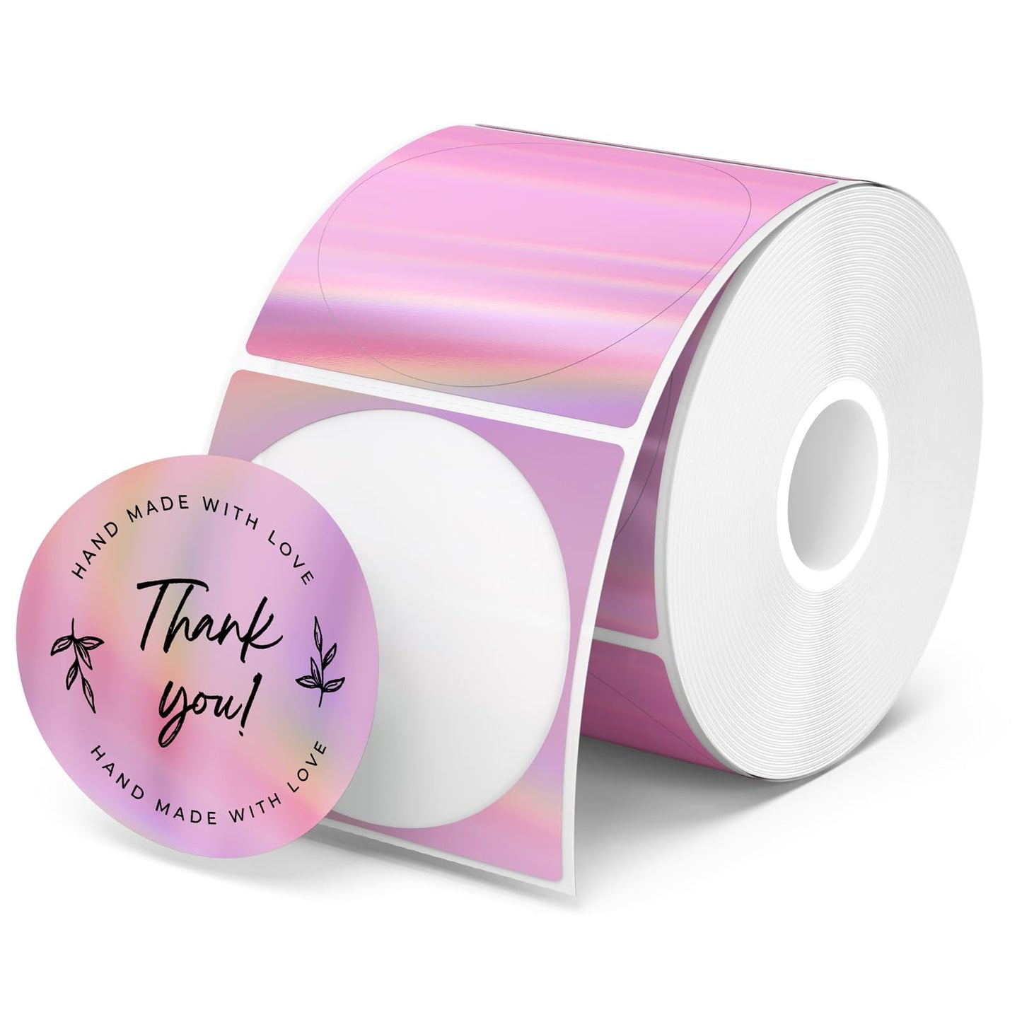 MUNBYN 2" Circle Holographic Thermal Label Stickers Pink, Round Printable Rainbow Glitter Thermal Printer Sticker Labels for Gift Wrapping, Self-Adhesive Name Price Tag DIY Custom Logo Design