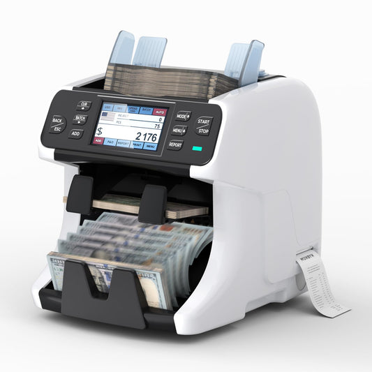 MUNBYN IMC40 2-Pocket Money Counter Machine Mixed Denomination and Sorter, Built-in Printer, Sort on DENOM/FACE/ORI, Value Counting, Counterfeit Detection 2 CIS/UV/MG/IR, Touch Screen, 2Y Protection