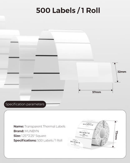 MUNBYN 2 Inch Transparent Round Thermal Labels, Self Adhesive Circle Clear Waterproof Thermal Labels, Multipurpose Roll Direct Thermal Sticker for DIY Logo Design, 500 Labels/1 Roll