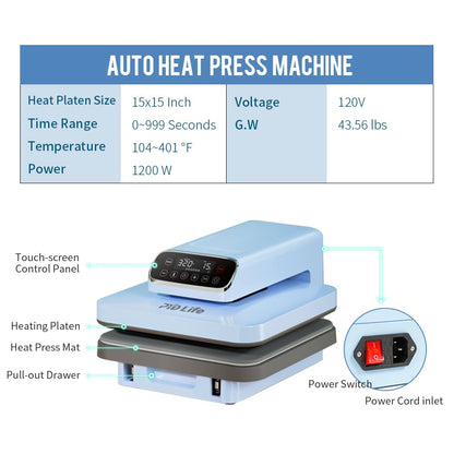 PYD Life 120 V Auto Heat Press Machine for T Shirts 15" x 15" Touch Screen Light Blue Smart Heat Press for Sublimation Blanks Ornaments Frames Bags Sublimation DTF Vinyl Printing