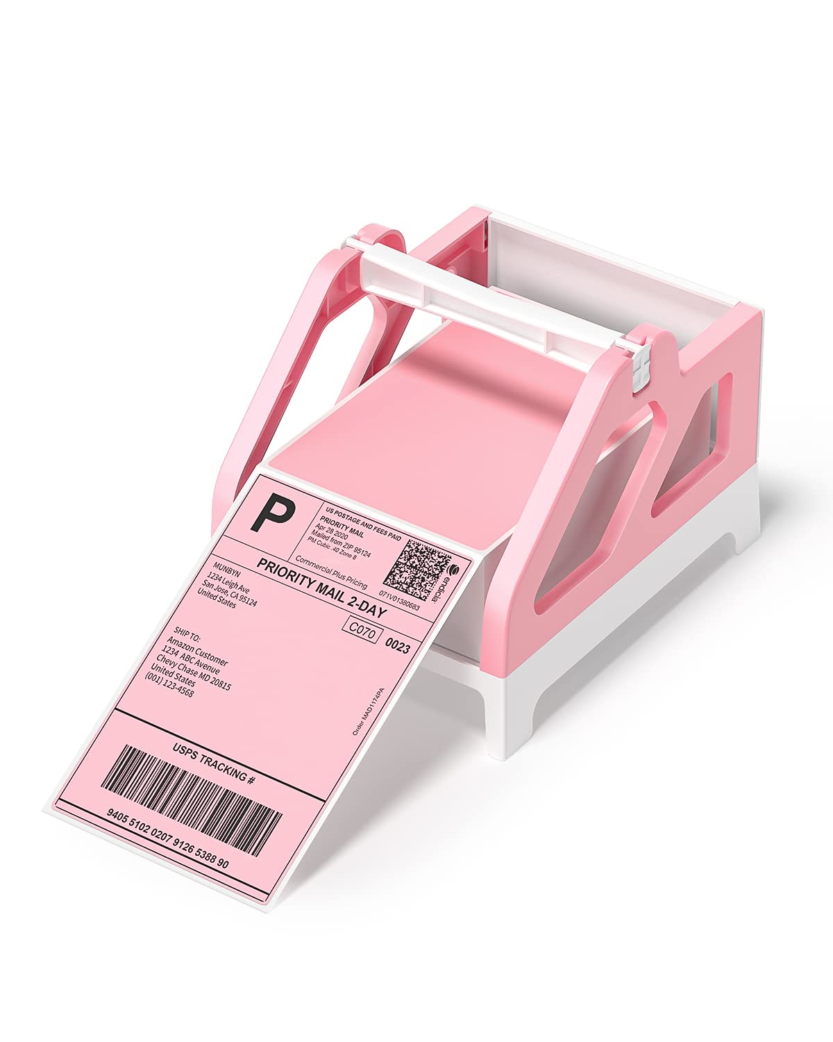 MUNBYN Label Holder for Rolls and Fan-Fold Labels, Shipping Label Roll Holder for Desktop Label Printer Shipping Supplies Industrial Labels, Pink