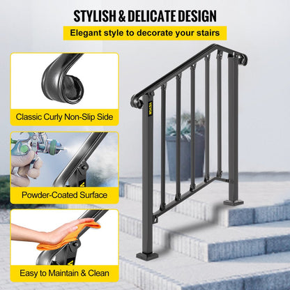 brand Handrail for Stairs Fits 2 or 3 Steps Outdoor Wrought Iron Handrail Height Adjustable Stair Railing, Matte Black