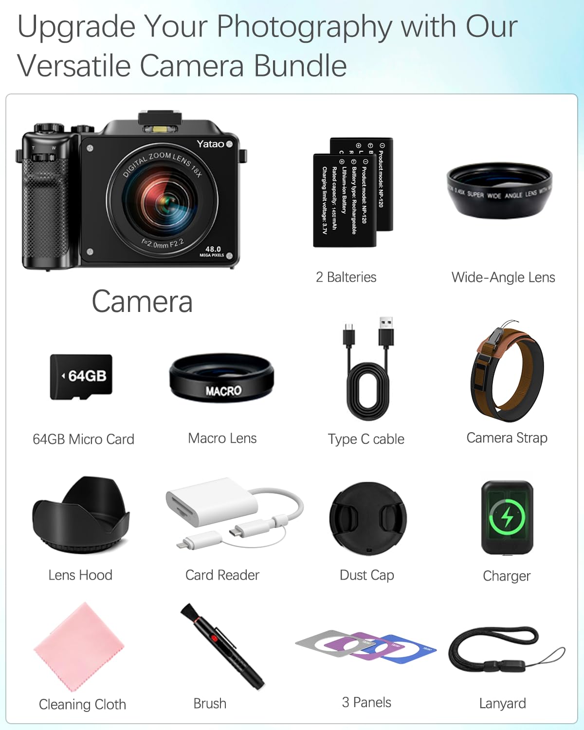 Yatao Digital Camera with WiFi, 4K 64MP Photography Camera Kit for YouTube, Front and Rear Dual Camera for Convenient Selfie, Equipped with 64GB Micro Card, Wide & Macro Lens, Card Reader