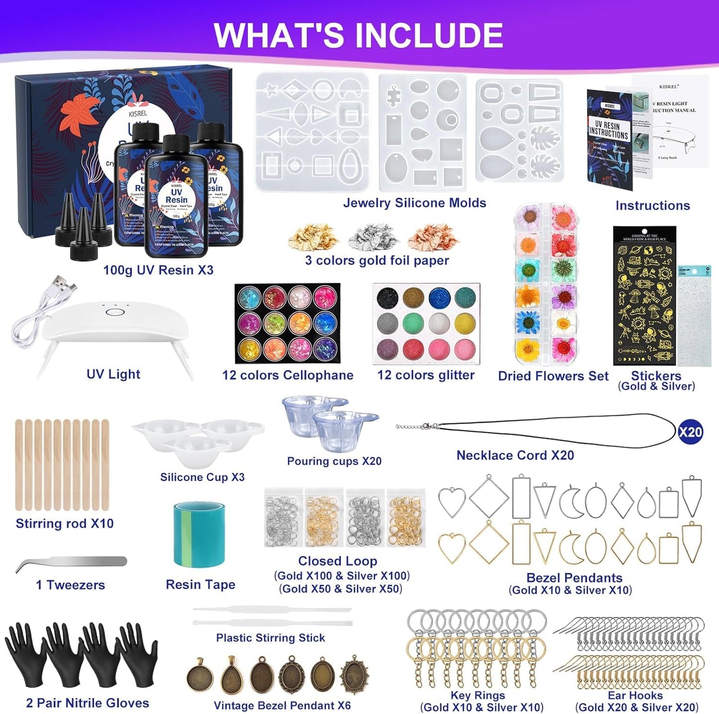KISREL UV Resin Jewelry Making Kit, 300G Crystal Clear Resin with Light and Molds, DIY Jewelry Making Kit, Resina Starter Kits for Keychain and Earring