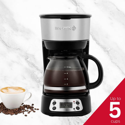 Holstein Housewares - 5 Cup Drip Coffee Maker - Convenient and User Friendly with Permanent Filter, Borosilicate Glass Carafe, Water Level Indicator, Auto Pause /Serve and Keep Warm Functions, Teal