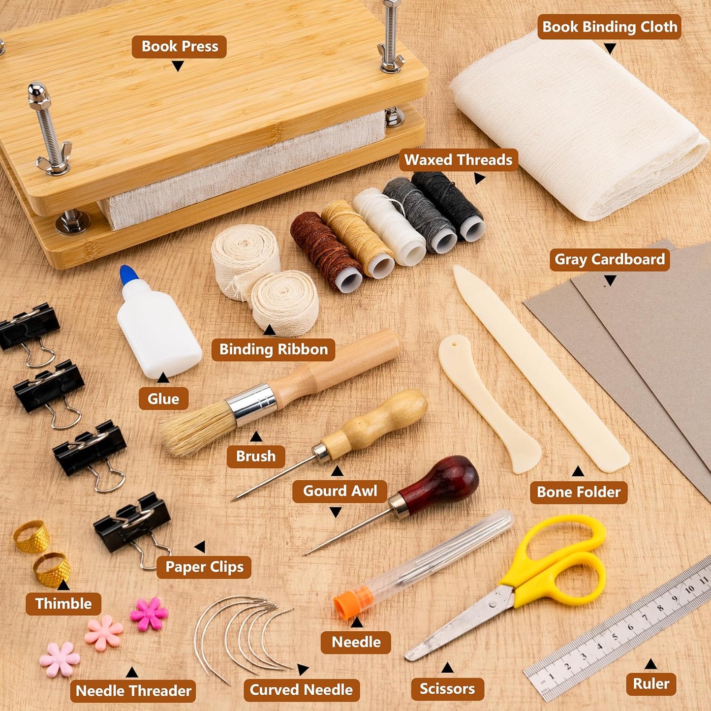 HEJIN Book Binding Kits, Book Binding Materials with Book Press | Book Binding Set with Plastic Bone Folder, Waxed Thread, Bookbinding Supplies for Beginners, 11.6 X 7.8 Inches