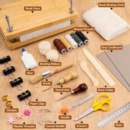 HEJIN Book Binding Kits, Book Binding Materials with Book Press | Book Binding Set with Plastic Bone Folder, Waxed Thread, Bookbinding Supplies for Beginners, 11.6 X 7.8 Inches