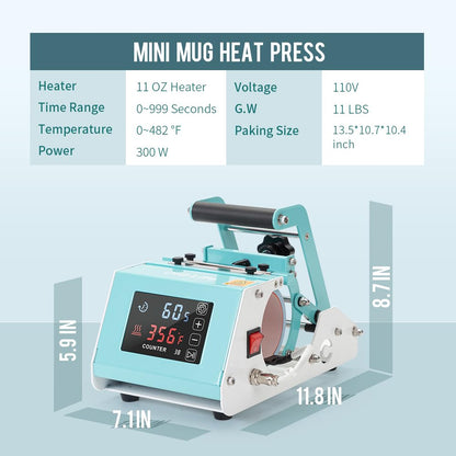 PYD Life 110 V Mini Mug Heat Press Machine Mint Green Tumbler Heat Press Machine Touch Screen for 11 OZ-15 OZ Sublimation Mugs 18 OZ Sublimation Glass Can,for Infusible Ink Sheets Sublimation Paper