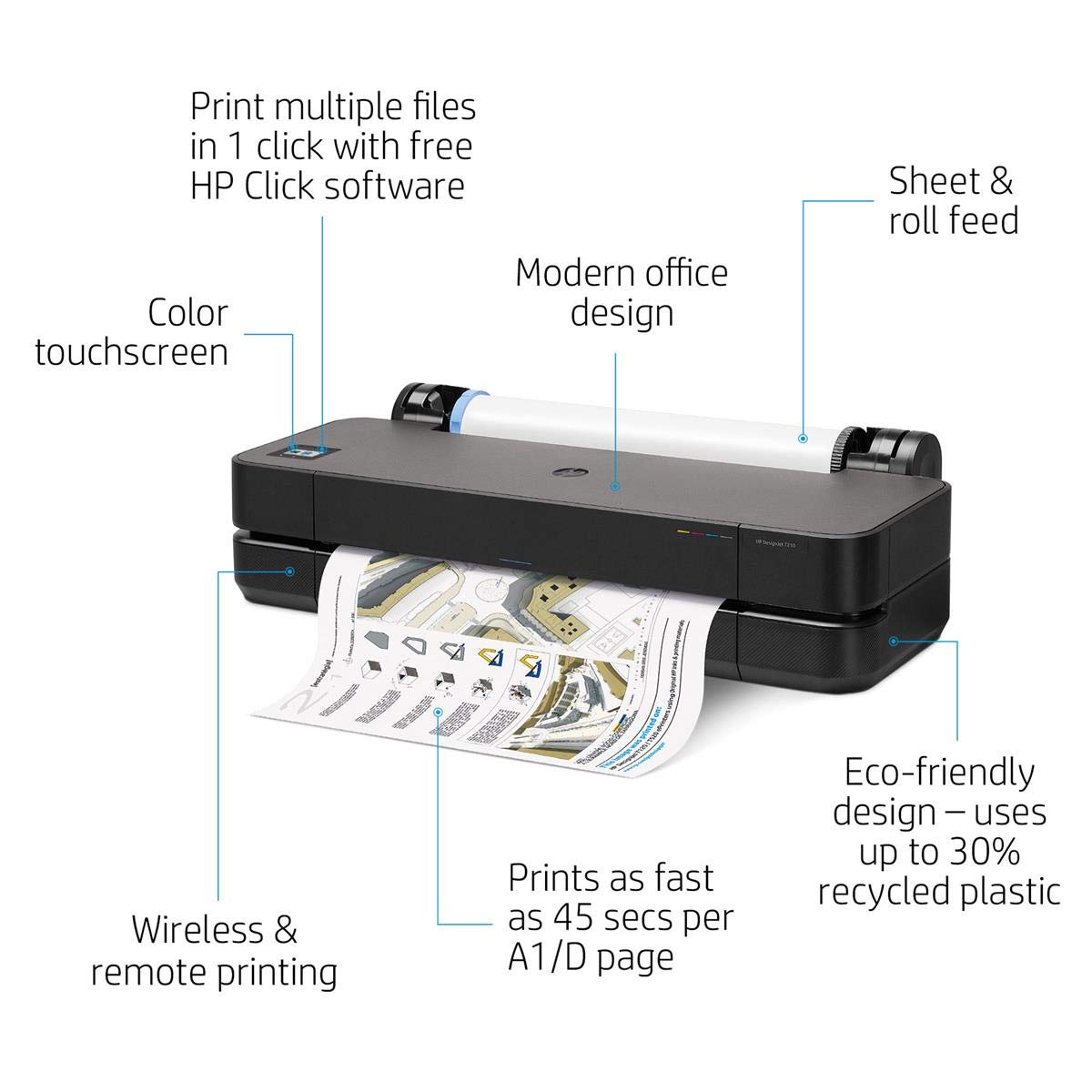 HP DesignJet T210 Large Format 24-inch Plotter Printer, with Modern Office Design (8AG32A), Black