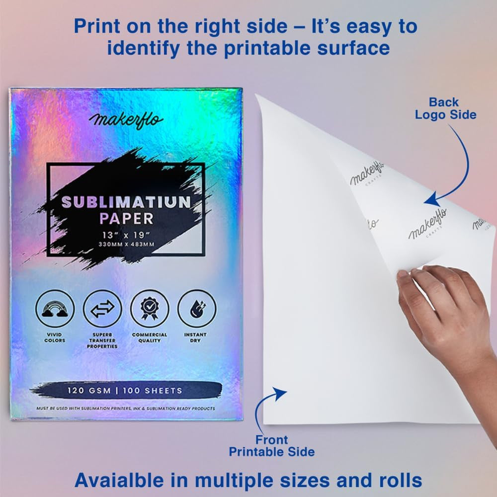 Makerflo Sublimation Paper 13 X 19 Inch 100 Sheets, Heat Transfer Sublimation Paper for Tumblers T-Shirts Phone Case Mugs, Printable Stickers Gifting Christmas DIY Enthusiast