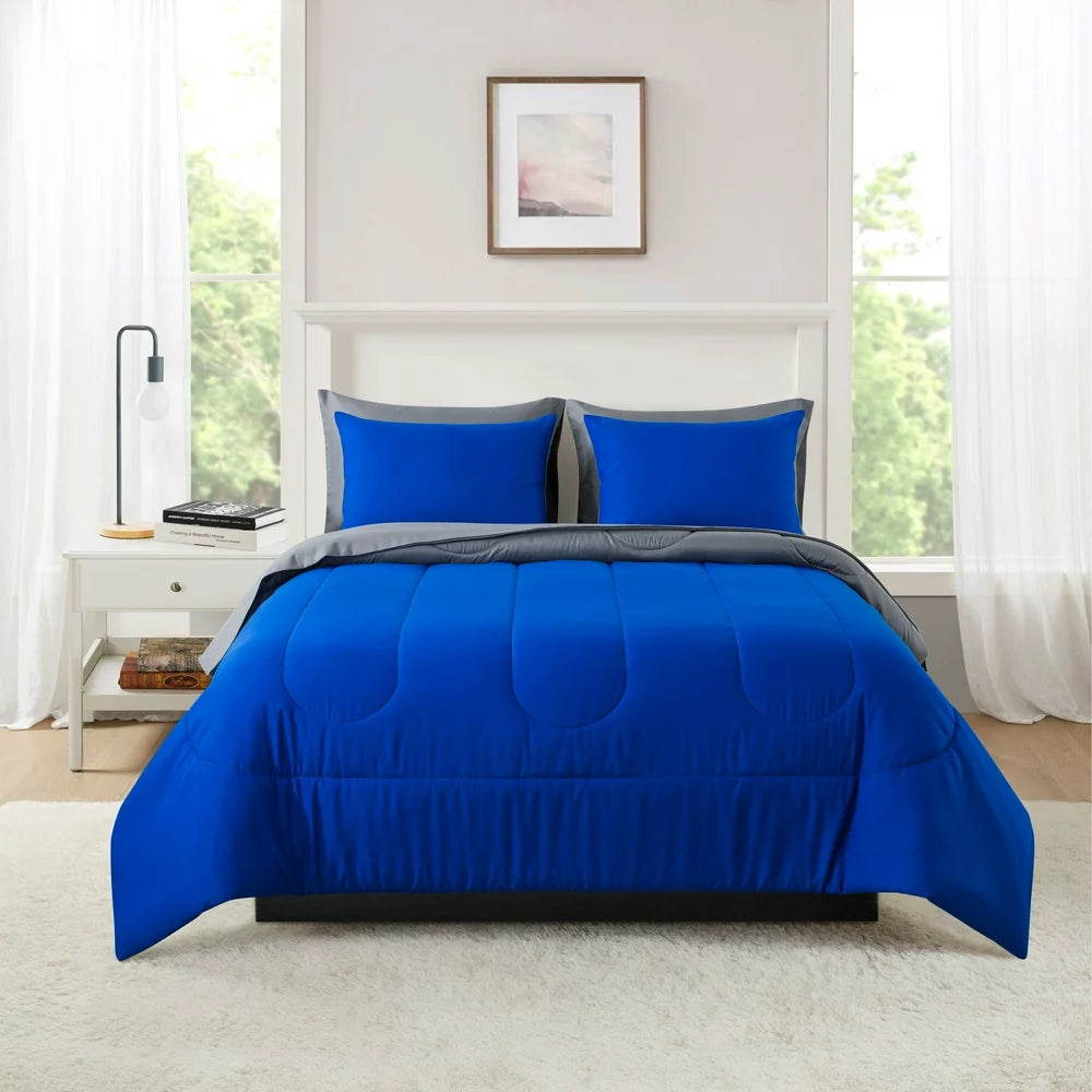 7-Piece Reversible Blue Bed in a Bag Comforter Set with Sheets, Queen