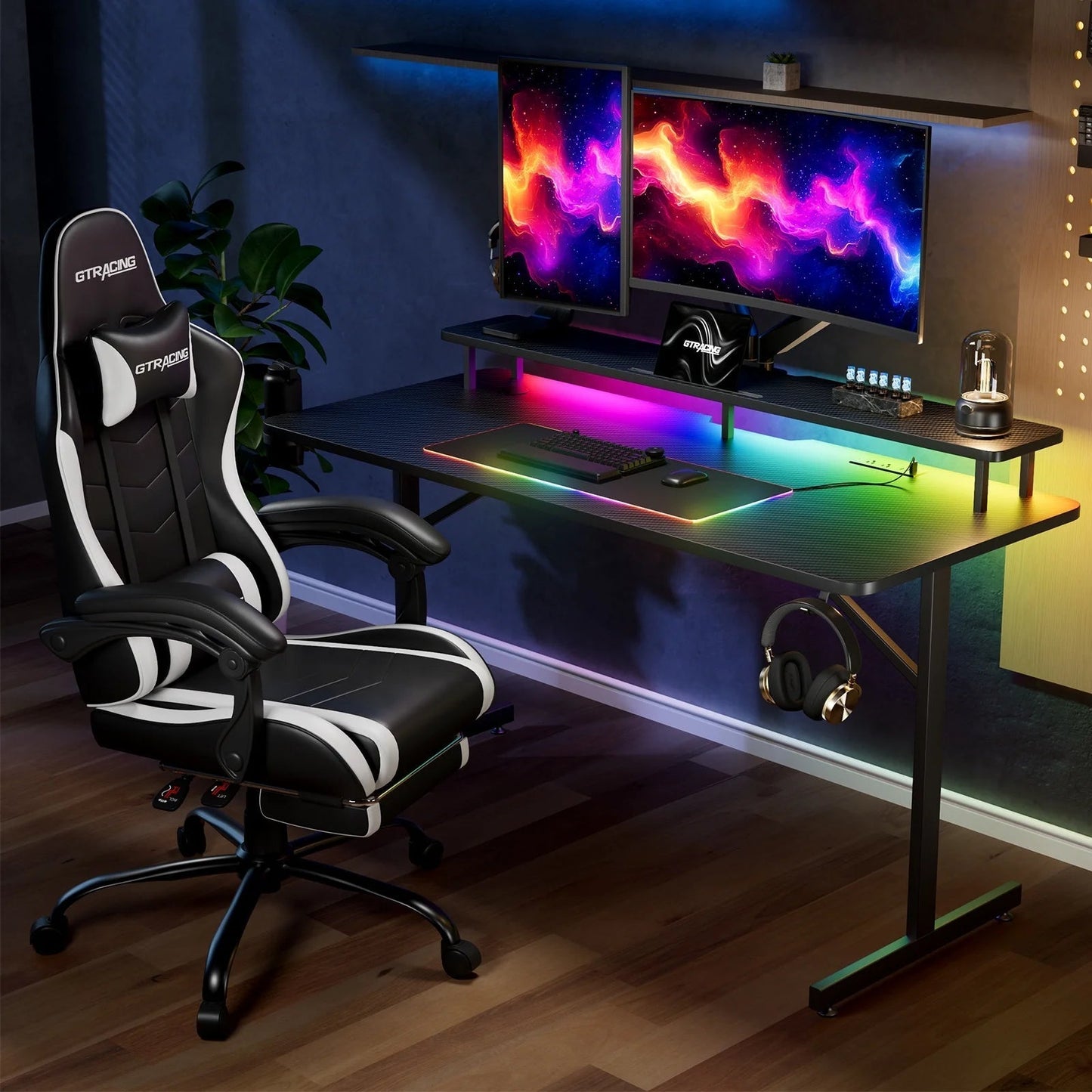 Lumina Elite LED Gaming Desk with USB and Power Outlets, for Home and Office, Monitor Stand and Wireless Charging, Black
