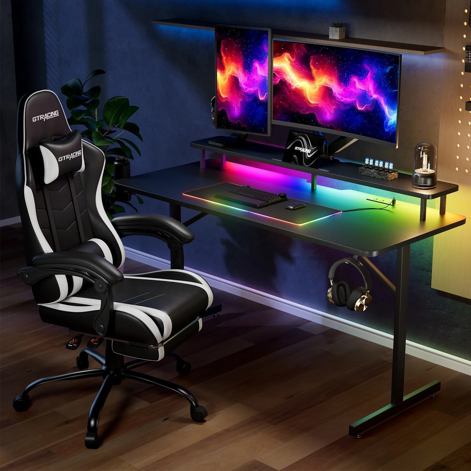 Lumina Elite LED Gaming Desk with USB and Power Outlets, for Home and Office, Monitor Stand and Wireless Charging, Black