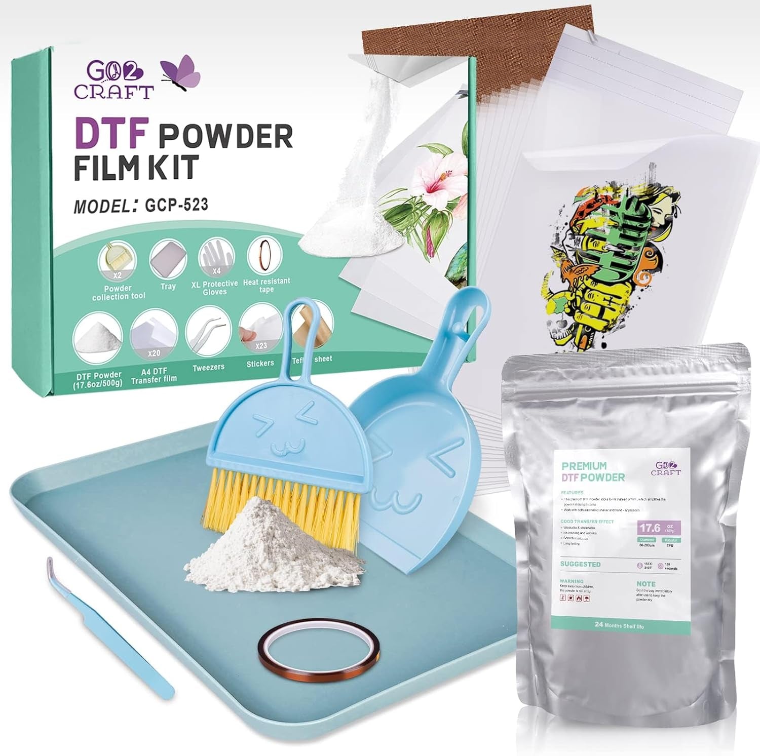 GO2CRAFT Hot Melt Powder and DTF Transfer Flim Kit, 20Pcs DTF Film for DTF Sublimation Printer, 17.6Oz/500G White Digital Hot Melt Powder, Washable & Durable DTF Transfer Starter Kit for T-Shirt,Gifts