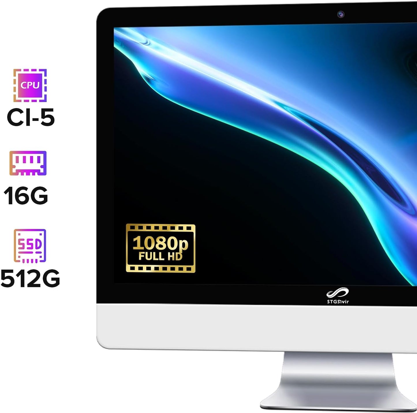 STGSivir All-in-One Desktop, 22" FHD Display, Intel Core i5 2.9G up to 3.6G, 16G, 512G SSD, WiFi, BT 5.0, RGB Keyboard & Mouse & Mouse Pad, Webcam, W10H64