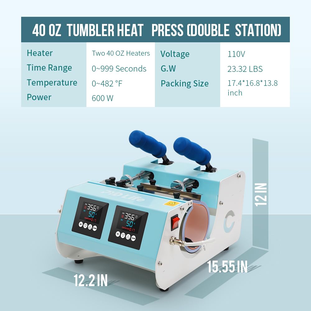 PYD Life 2 in 1 Dual 40 OZ Tumbler Heat Press Machine Double Station Combo Mug Heat Press Machine Mint Green for 40 OZ Tumbler Top and Tapered Bottom Full Wrap Sublimation Printing