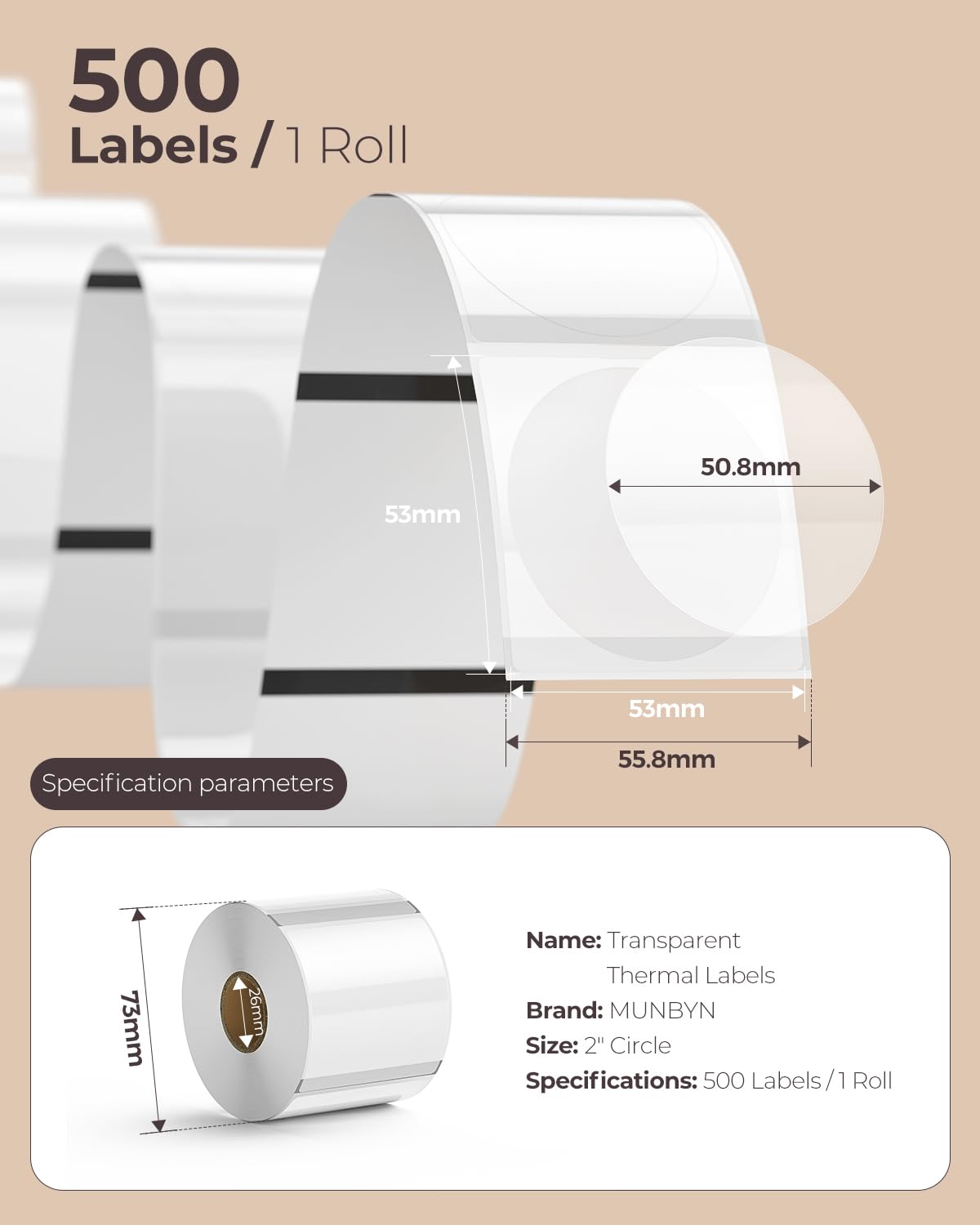 MUNBYN 2 Inch Transparent Round Thermal Labels, Self Adhesive Circle Clear Waterproof Thermal Labels, Multipurpose Roll Direct Thermal Sticker for DIY Logo Design, 500 Labels/1 Roll