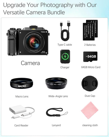 Yatao Digital Camera with WiFi, 4K 64MP Photography Camera Kit for YouTube, Front and Rear Dual Camera for Convenient Selfie, Equipped with 64GB Micro Card, Wide & Macro Lens, Card Reader