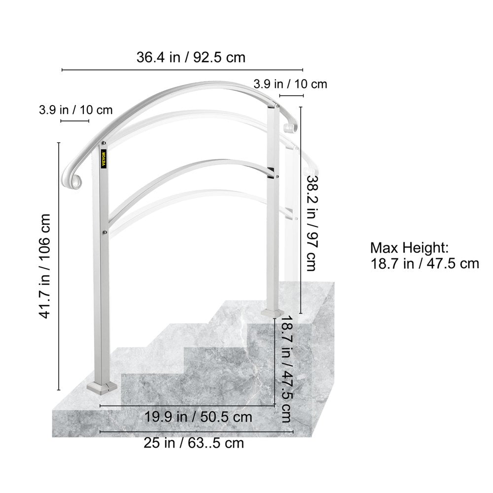 brand 1-3 Steps Handrail Rackable to a Range of 0°To 45°Matte White Stair Rail Wrought Iron Handrail with Installation Kit Hand Rails for Outdoor Steps