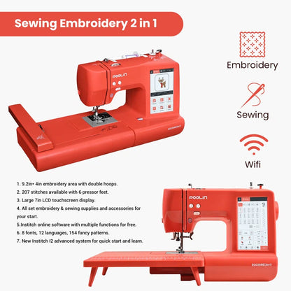 Poolin Eoc05Re(2In1) Computerized Sewing & Embroidery Machine 7.9X11" Area, 7" Touch Screen with Wireless Connectivity