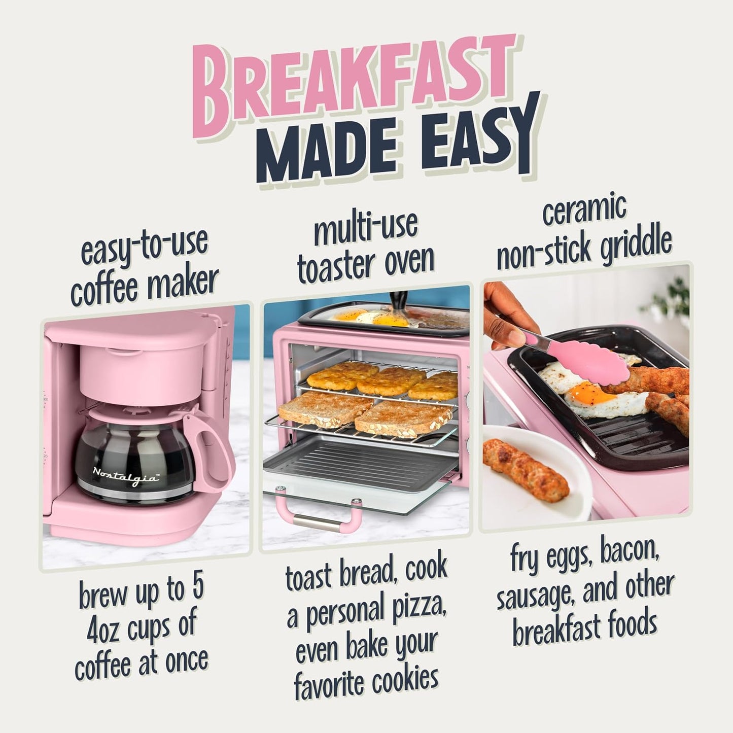 Nostalgia 3-In-1 Retro Breakfast Station - Includes 5 (4 Oz) Cup Coffee Maker, Non-Stick Ceramic Griddle, and 4-Slice Toaster Oven - Built-In Timer, Reusable Coffee Filter, Space-Saving Design - Pink
